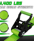Heavy Duty Wheel Chock Tie Down Straps Set Two Pack With 4,400 Lb Max Break Strength And 2 Inch By 6 Foot Trailer Tire Straps Plus Four Wheel Chocks For ATVs UTVs Mowers And Tractors Safe E Track Compatible, showing high visibility and quality stitching.