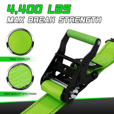 Heavy Duty Wheel Chock Tie Down Straps Set Two Pack With 4,400 Lb Max Break Strength And 2 Inch By 6 Foot Trailer Tire Straps Plus Four Wheel Chocks For ATVs UTVs Mowers And Tractors Safe E Track Compatible, showing high visibility and quality stitching.