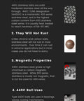 Infographic on 440C stainless steel balls features and uses, including solid steel properties and resistance to rust.