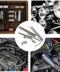 Collage featuring 440 Piece 304 Stainless Steel Slotted Spring Pin Set for M1.5 to M5, industrial and automotive applications.
