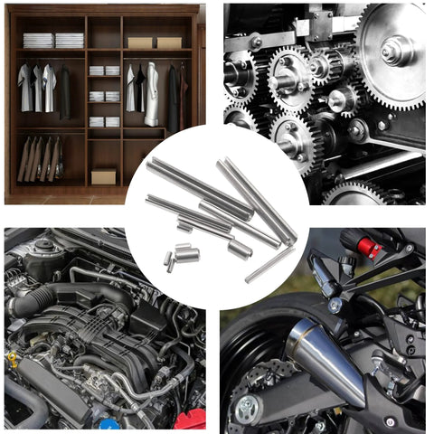 Collage featuring 440 Piece 304 Stainless Steel Slotted Spring Pin Set for M1.5 to M5, industrial and automotive applications.