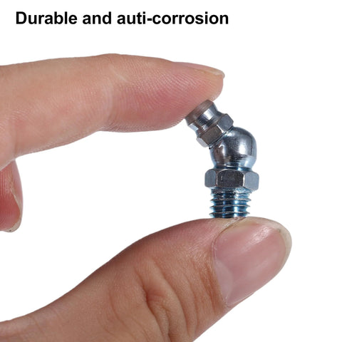 Close-up of hand holding M8x1 25 Grease Nipple Fittings 45 Degree Bend Galvanized Steel Zerk Adapters For Car And Truck Automotive Lubrication