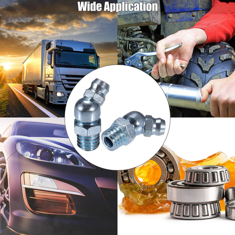 M8x1 25 Grease Nipple Fittings 45 Degree Bend Galvanized Steel Zerk Adapters for automotive use with truck and car images