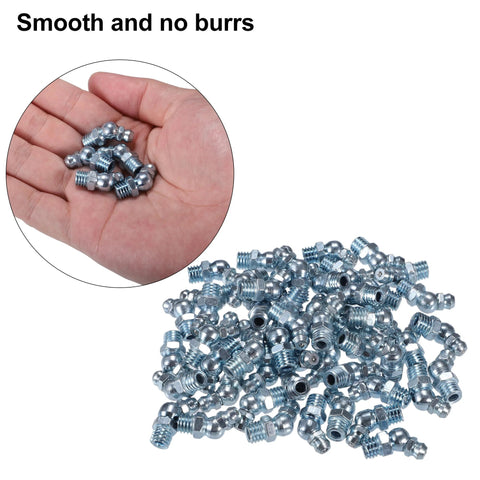 M8x1 25 Grease Nipple Fittings 45 Degree Bend Galvanized Steel in hand and pile, 50 Pack