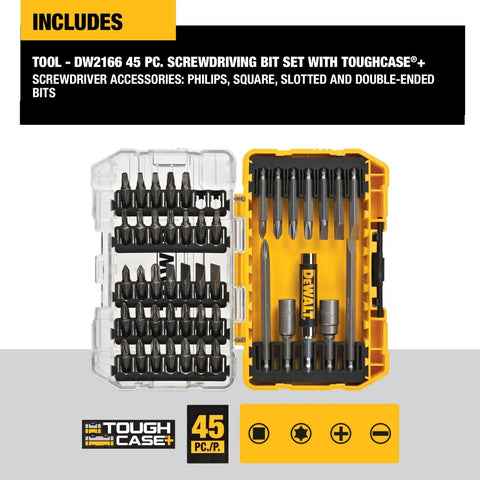Screwdriver Bit Set With Tough Case 45-Piece Kit DW2166 Grey And Silver, open case showing various bits and tools inside.