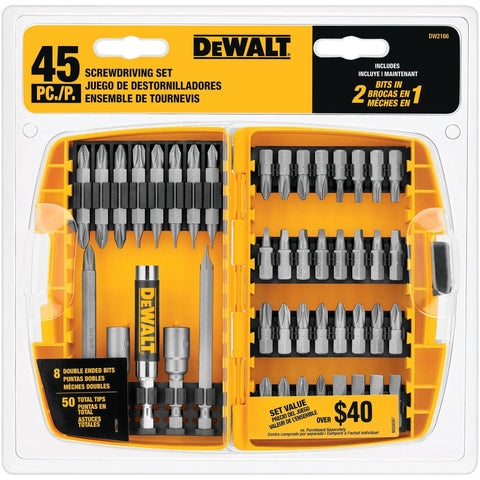 Screwdriver Bit Set With Tough Case 45-Piece Kit DW2166 Grey And Silver in plastic storage box with clear lid
