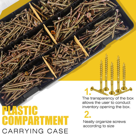 450 Pcs Wood Screws Assortment Kit with Torx Drive Screws in transparent plastic compartment for easy organization and access.