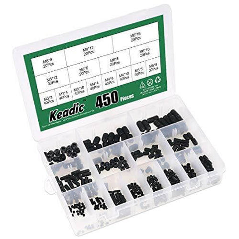 450-Piece Hex Set Screw Assortment Kit - Steel - Internal Hex Drive in divided transparent storage box