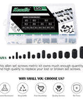 450-Piece Hex Set Screw Assortment Kit - Steel - Internal Hex Drive in box with various sizes displayed and features highlighted