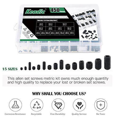 450-Piece Hex Set Screw Assortment Kit - Steel - Internal Hex Drive in box with various sizes displayed and features highlighted
