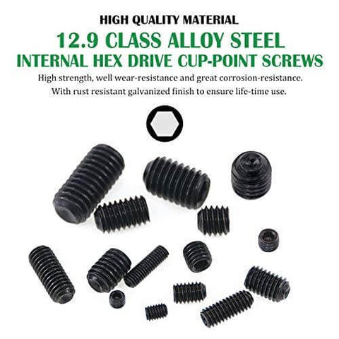 450-Piece Hex Set Screw Assortment Kit - Steel - Internal Hex Drive, black oxide finish screws shown.