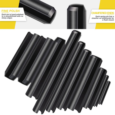 Close-up of 450 Pcs Split Roll Pin Set with Storage Case, showing black oxide dowel pins with fine polish and chamfered ends.