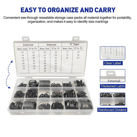 Versatile 450Pcs Circlip Retaining Ring Kit With External And Internal Snap Rings in box, labeled compartments for 18 sizes, Boatsea.
