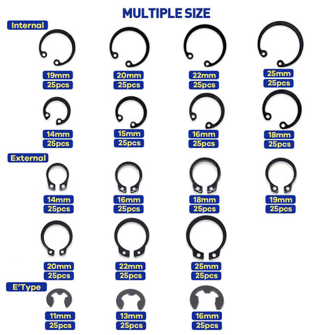 Versatile 450Pcs Circlip Retaining Ring Kit With External and Internal Snap Rings, 3 Types, 18 Sizes, Black Alloy Steel, Multiple Sizes