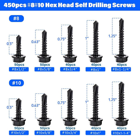 450PCS 410 Stainless Steel Self Tapping Screws Assortment with #8 and #10 Hex Head Self Drilling Sheet Metal Screws in Multiple Lengths from 1/2 inch to 1-1/4 inch Black Finish Kit displayed with sizes.