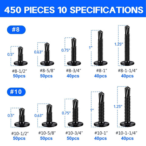 450PCS Self Tapping Screws Assortment for Metal 410 Black Stainless Steel Self Drilling Truss Head Screws Includes #8 and #10 Sizes