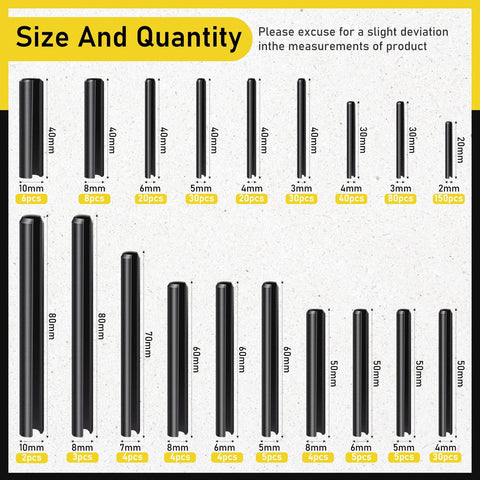 450 Pcs Split Roll Pin Set With Storage Case M2 Through M10 Slotted Spring Steel Pins Black Oxide Dowel Tension Roll Pins illustrated sizes