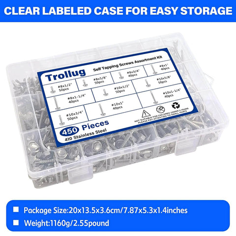 450PCS 410 Stainless Steel Self Tapping Screws Assortment with #8 and #10 Hex Head Self Drilling Sheet Metal Screws in case
