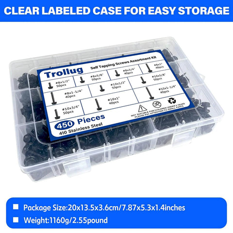 450PCS 410 Stainless Steel Self Tapping Screws Assortment with #8 and #10 Hex Head Self Drilling Sheet Metal Screws in Organizer Box