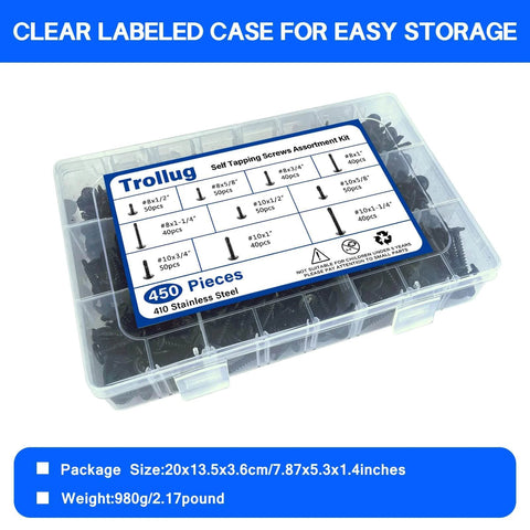 Labeled case of 450PCS Self Tapping Screws Assortment for Metal 410 Black Stainless Steel with #8 and #10 sizes visible