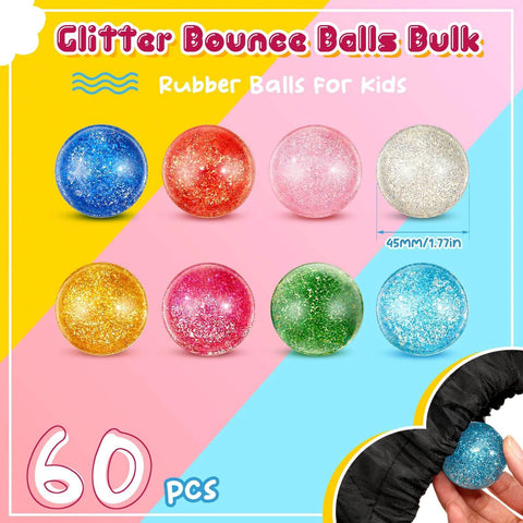 60 Pcs 45 mm Large Bouncy Balls Glitter Bounce Ball Bulk with Storage Bag Large Bouncy Balls for Goodie Bag Fillers Birthday Party Favors, Assorted Colors(Classic)