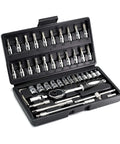 Heavy Duty 46 Piece One Quarter Inch Drive Socket Set With Metric CR-V Sockets From 4mm To 14mm S2 Bit Kit And Extension Bars Includes Universal Joint Allen Wrenches And Ratchet Wrench For Home Auto Repair And Maintenance in open black case