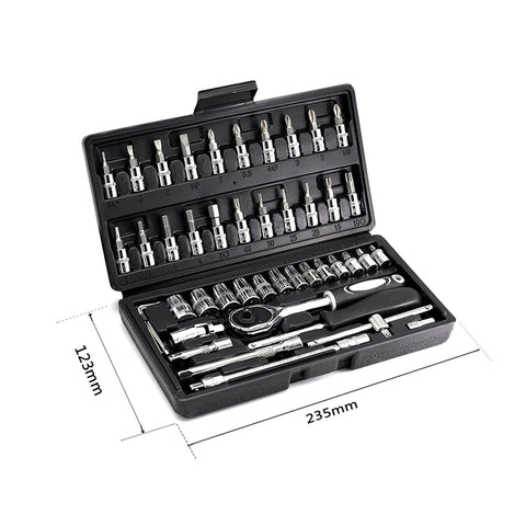 Heavy Duty 46 Piece One Quarter Inch Drive Socket Set With Metric CR-V Sockets From 4mm To 14mm S2 Bit Kit Open Case