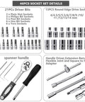 Heavy Duty 46 Piece One Quarter Inch Drive Socket Set With Metric CR-V Sockets From 4mm To 14mm S2 Bit Kit And Extension Bars