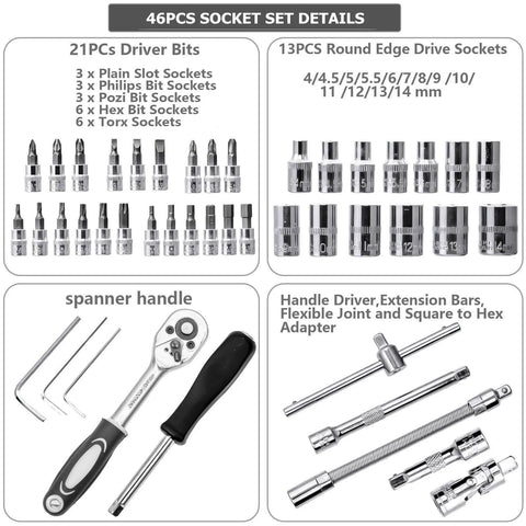 Heavy Duty 46 Piece One Quarter Inch Drive Socket Set With Metric CR-V Sockets From 4mm To 14mm S2 Bit Kit And Extension Bars