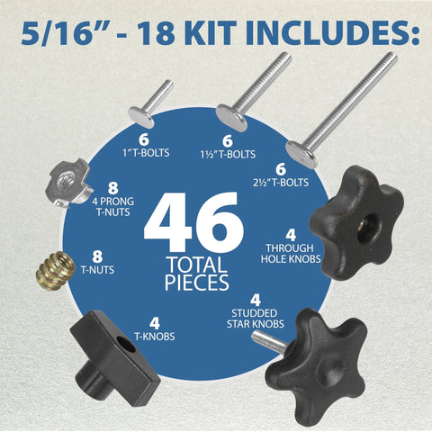 46 Piece T Track Bolts And Knobs Kit With 5/16-18 T Bolts And Threaded Knobs For Woodworking Projects, includes T nuts and inserts graphic