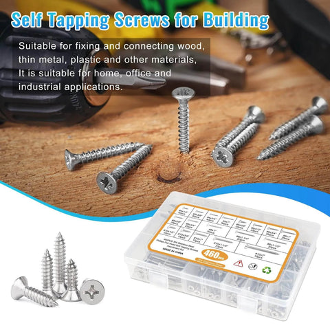 460 Pcs Stainless Steel Wood Screws Assortment Kit with 18 Sizes #4 #6 #8 #10 #12 Flat Head Self Tapping Sheet Metal Screws on a work surface.