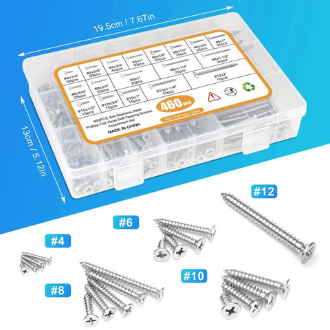 460 Pcs Stainless Steel Wood Screws Assortment Kit with 18 Sizes #4 #6 #8 #10 #12 in storage case for wood projects.