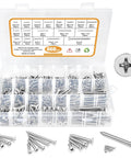460 Pcs Stainless Steel Wood Screws Assortment Kit with 18 Sizes #4 #6 #8 #10 #12, flat head screws in a clear organizer.