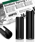 460 Piece Roll Pin Set Of Slotted Spring Pins In Metric Sizes From M1.5x6 To M6x30 with labeled case and close-up of black pins