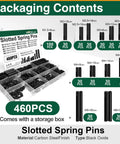 460 Piece Roll Pin Set Of Slotted Spring Pins In Metric Sizes From M1.5x6 To M6x30 displayed in labeled case