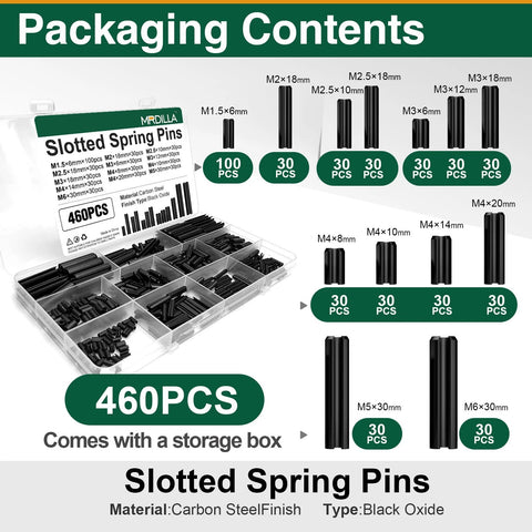 460 Piece Roll Pin Set Of Slotted Spring Pins In Metric Sizes From M1.5x6 To M6x30 displayed in labeled case