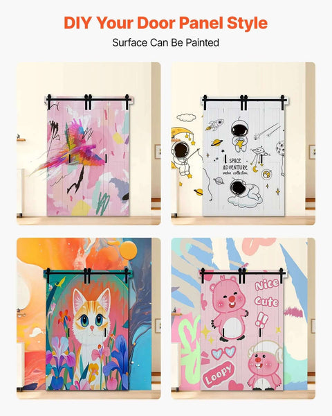 Four colorful DIY painted bifold barn doors showcasing creative designs for customizable home decor solutions.
