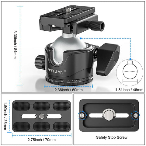 46mm Lever Ball Head EH46L with stainless steel lock pin and Arca Swiss quick release plate, shown with dimensions and safety stop screw.