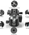 Front view of 46mm Lever Ball Head EH46L with stainless steel lock pin, low profile heavy duty tripod mount, Arca Swiss quick release plate.