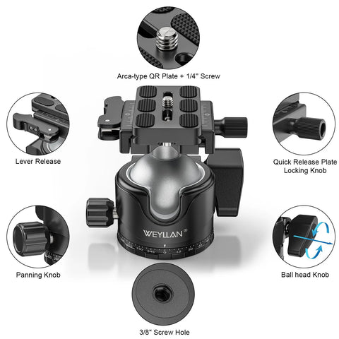 Front view of 46mm Lever Ball Head EH46L with stainless steel lock pin, low profile heavy duty tripod mount, Arca Swiss quick release plate.