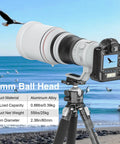 DSLR camera with 46mm Lever Ball Head EH46L, aluminum tripod mount by the sea, showing stability and load capacity details.