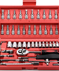 46 Piece One Quarter Inch Drive Socket Ratchet Wrench Set With Bit Sockets Metric Extension Bar And Storage Case For Auto Repair And Household Use.