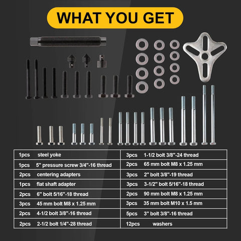 Components of 46PCS Harmonic Balancer Puller Set, Automotive Power Steering Wheel Pulley Puller Installer Tool Kit, Crankshaft Flywheel Puller