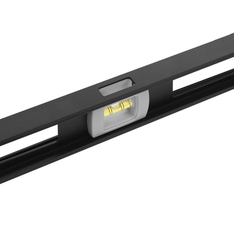 Close-up of Magnetic 48 Inch Aluminum I Beam Level With Strong Magnetic Edge And Replaceable Vials For Precise Framing Cabinetry And Installation