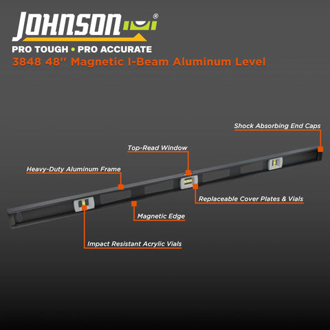 Magnetic 48 Inch Aluminum I Beam Level with strong magnetic edge and replaceable vials for precise framing cabinetry installation on job sites built for professionals rugged aluminum frame easy readouts