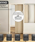 48 Inch Commercial Grade Aluminum Pocket Door Track Kit With Ceiling Mount Box Rail Sliding Door Hardware For Quiet Smooth Operation Corrosion Resistant Aluminum Track And Three Wheel Ball Bearing Hangers Fits Door Panels 1-3/4 Inch Or 1-3/8 Inch shown installed with door.