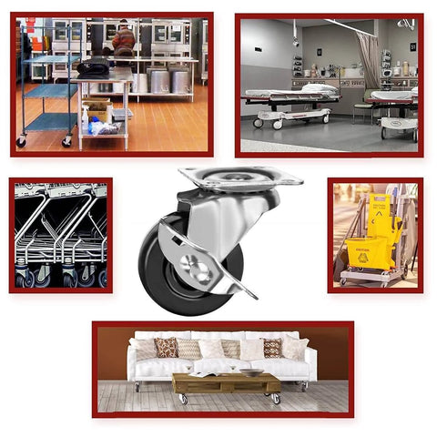 Close-up of 48 Pack 2 Inch Swivel Caster Wheels with Side Brake, Hard Rubber Wheels with Top Plate and Double Ball Bearings.