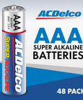 ACDelco 48 Pack AAA Alkaline Batteries Reclosable Packaging For Home Office Use, highlighting a single battery next to packaging label.