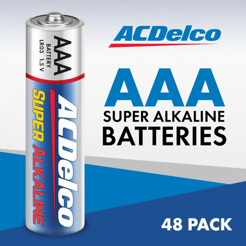 ACDelco 48 Pack AAA Alkaline Batteries Reclosable Packaging For Home Office Use, highlighting a single battery next to packaging label.
