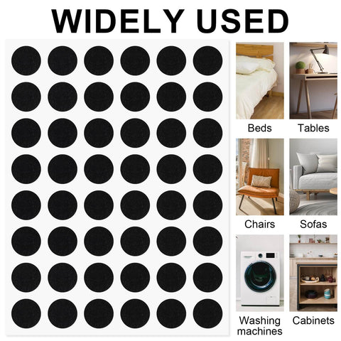 48 Pack Felt Pads for Furniture and Cabinet Doors, 1/2 Inch Black Round Self Adhesive Protectors shown with usage examples for furniture.
